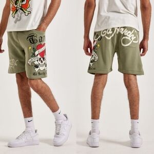 Ed Hardy LKS Skull Fleece Shorts Olive Green Tattoo Y2K Skull